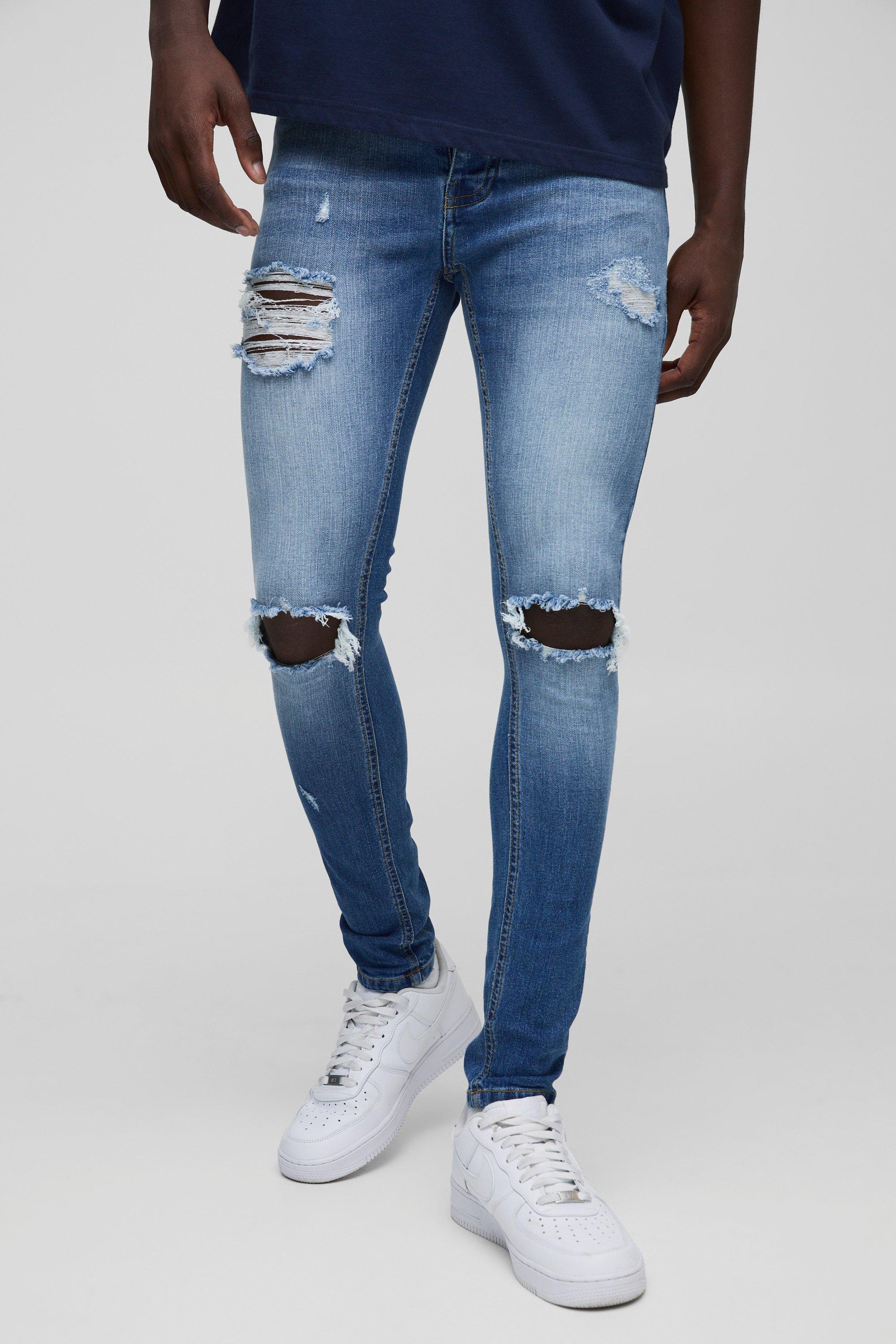 Mens Blue Super Skinny Washed Ripped Jeans, Blue